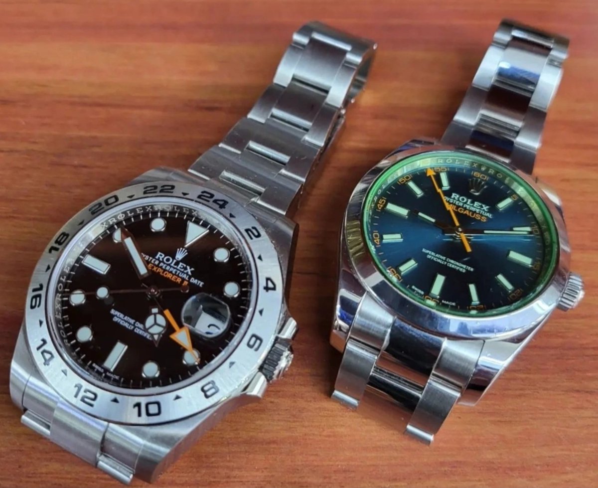 Rolex Colors : 
Explorer 2 ,black and orange ,
and Milgauss 
blue ,green and orange ..
216570 and 116400GV ,everyday watches ..
Sport and Class combined .imho.
#Rolex #sport #Milgauss #antimagnetic #explorer2 #gmt  #watchesoftheday #orologio #pilotlife #doctors #Fashion #Moda