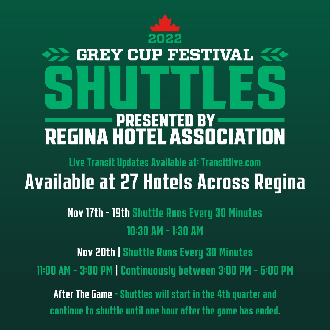 Bring it to the home of the 2022 Grey Cup Festival!

For the first time ever, all the official festivities for the year's biggest party are in one place, and we've made it easier than ever to get here!

🚍 bit.ly/3fJ0WKd | <a href="/StayinRegina/">Regina Hotel Association</a> | <a href="/GreyCupFestival/">The Grey Cup Festival</a>