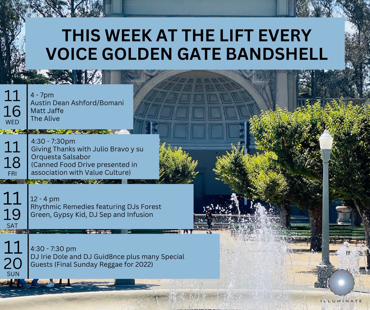 IlluminatedArts's tweet image. Join us this week at the #LiftEveryVoice #GoldenGatePark #Bandshell for some free, incredible performances! 🎶 

Have you been loving the shows at the Bandshell? Let us know what your favorite show has been! 

#IlluminatetheArts #livemusic #kidfriendly #publicart