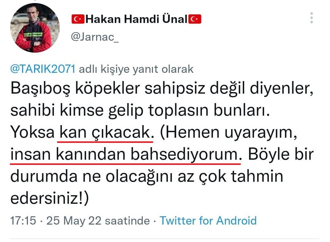 Nihal_K34's tweet photo. Güvenli Sokaklar gibi masum bir ifade ardında 'Silahlanın, hayvanları ve onlara bakan gönüllüleri VURUN!, insan kanı dökülecek' diyen kana susamış güruhu temsil eden şahıs bu akşam @HaberturkTV @fatihaltayli çıkıp SALDIRI ve VAHŞET çağrıları mı yapacak?
Kınıyoruz!
@Haberturk https://t.co/e8eDbb2shg