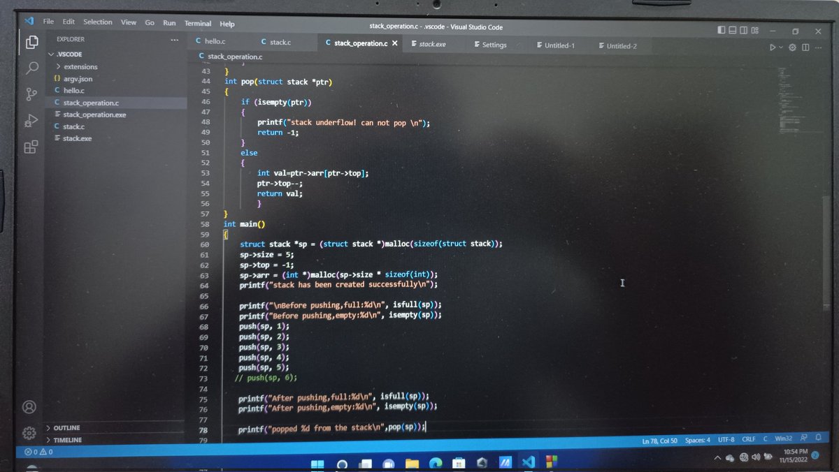 K_K_Dabhi_'s tweet image. Day 3/60.
-&amp;gt;Coding push(),pop(),isEmpty() and        
    is Full() operation in Stack.
#60Dayofcode
#DSA
#pangram