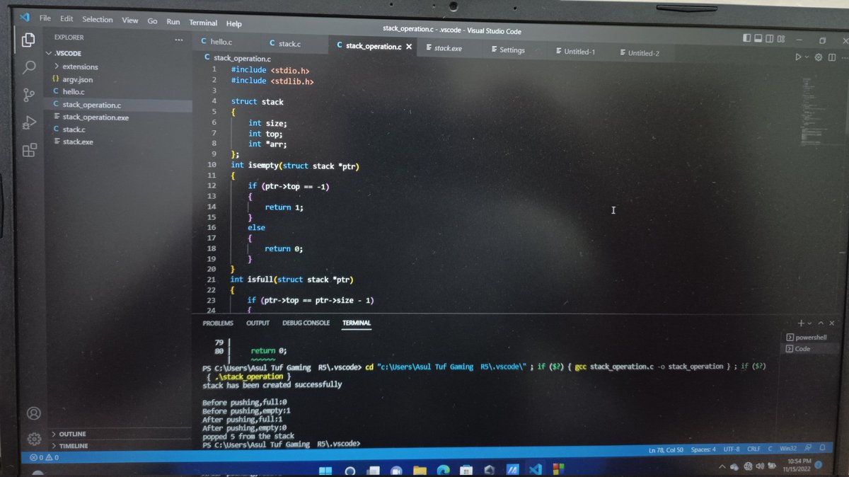 K_K_Dabhi_'s tweet image. Day 3/60.
-&amp;gt;Coding push(),pop(),isEmpty() and        
    is Full() operation in Stack.
#60Dayofcode
#DSA
#pangram