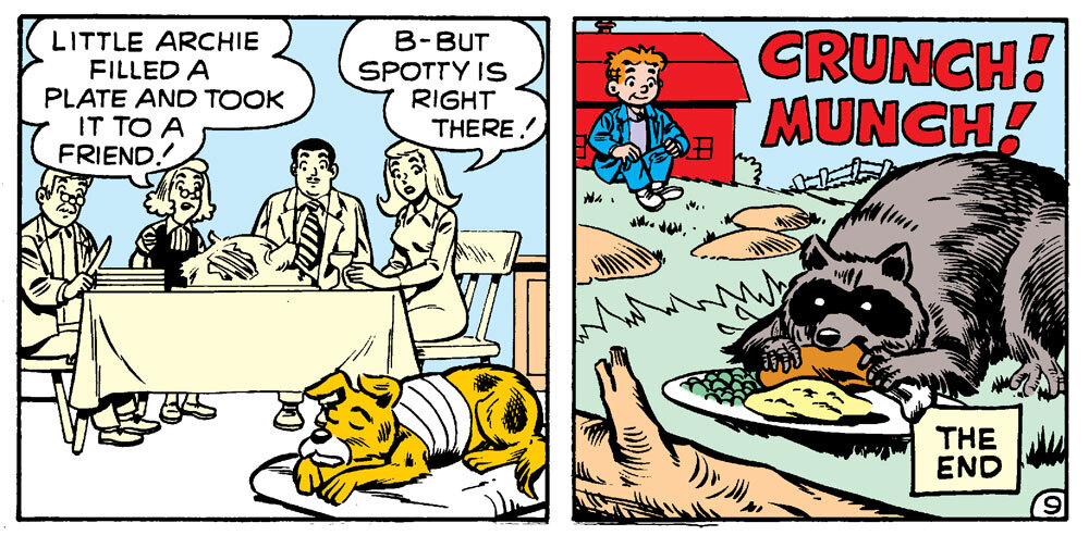 ArchieComics's tweet photo. Not shown: Riverdale overrun by #trashpandas the next day. #Thanksgiving #LittleArchie #DexterTaylor #justiceforspotty https://t.co/NL8S6ycu0x