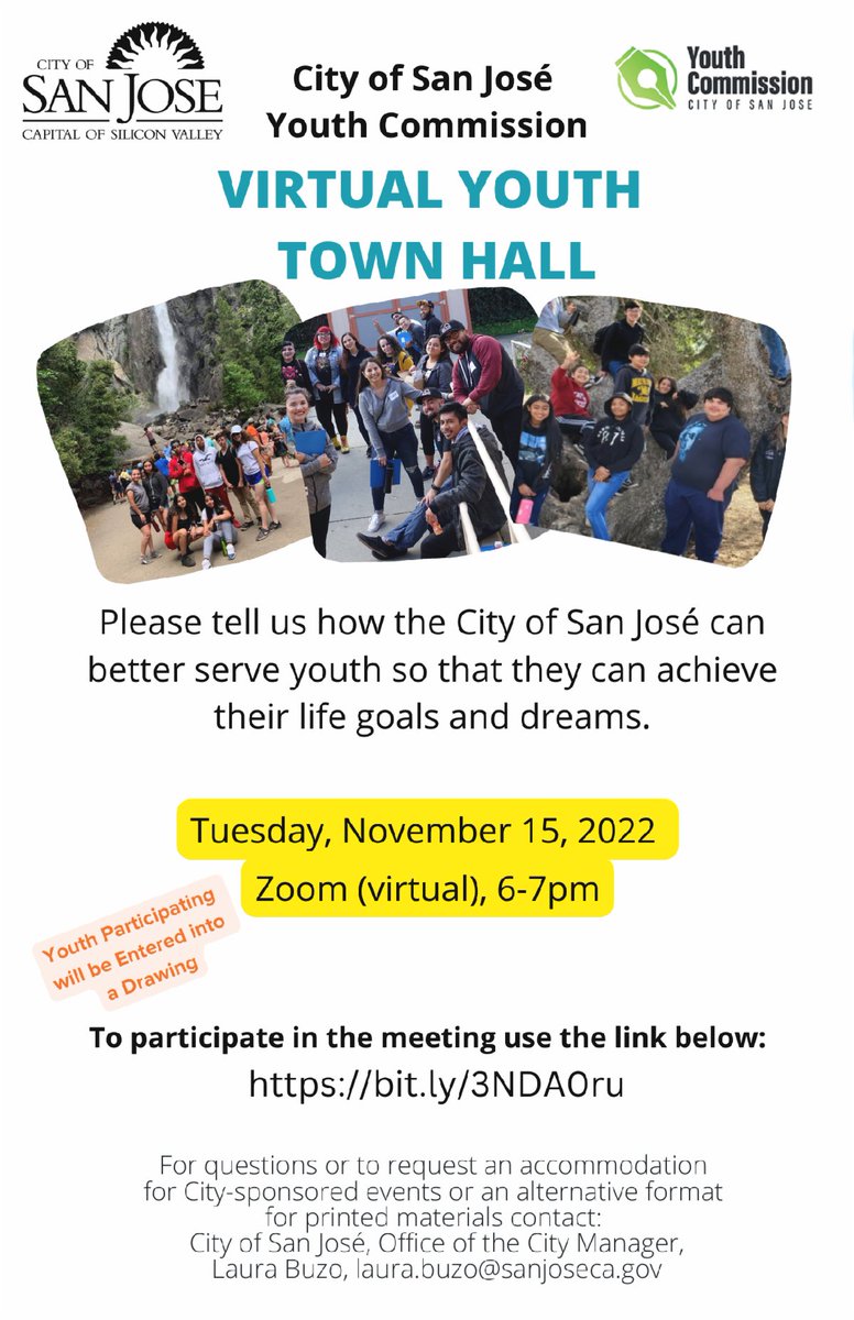 TONIGHT from 6-7pm, join the <a href="/CityofSanJose/">City of San José</a> Youth Commission for a Youth Town Hall where you can share your ideas, concerns, and experiences and help he City help you! Participate on Zoom: bit.ly/3NDA0ru

#wearesanjose #youthcommission #youthtownhall #shareyourvoice