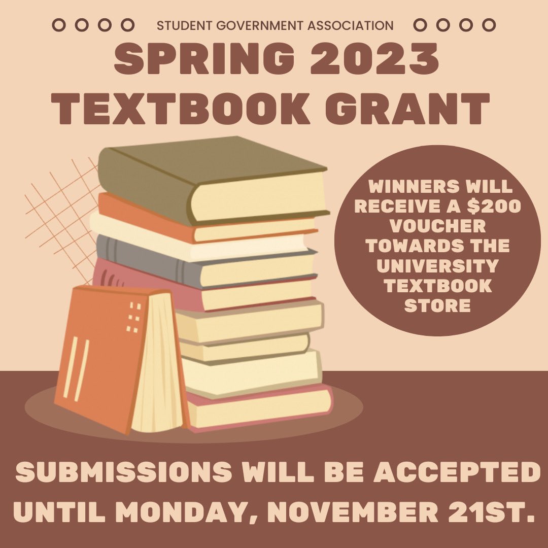 The Spring 2023 Textbook Grant is now up and running! You can find the link to apply in your email inbox and our LinkTree (linked in bio). Submissions will be open until November 21st. Good luck! 📚