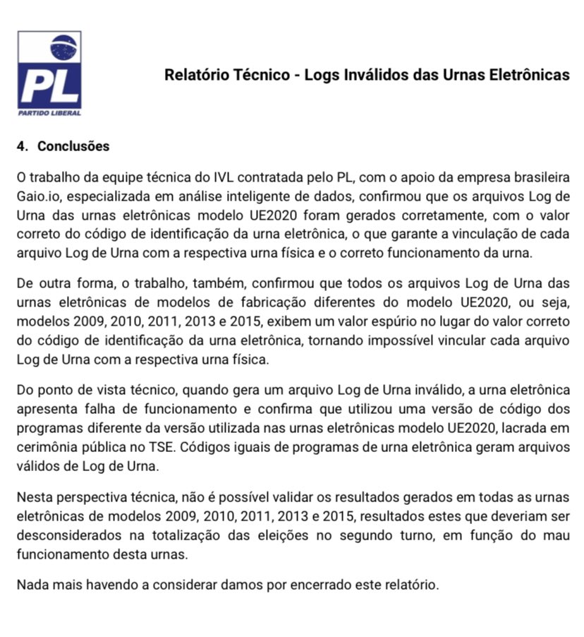 O relatório apresentado pelo PL deixa claro que é um relatório preliminar que está sendo construído.

Mas a conclusão é contundente.

A única saída do TSE é provar que os auditores estão errados.

Se não conseguirem, não tem como não anular a eleição.