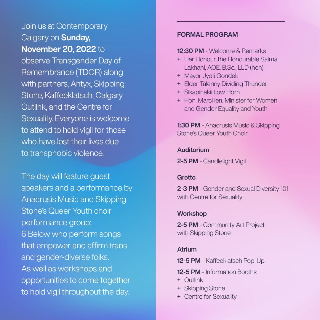 Anna Murphy (@theannamurphy) on Twitter photo Join us <a href="/ContemporaryYYC/">Contemporary Calgary</a> on Sunday, November 20th.
As we come together and recognize Transgender Day of Remembrance, with the help of some very special change makers and a group of remarkable community builders - like YOU!
Learn More:
contemporarycalgary.com/whats-on/trans… Join us <a href="/ContemporaryYYC/">Contemporary Calgary</a> on Sunday, November 20th.
As we come together and recognize Transgender Day of Remembrance, with the help of some very special change makers and a group of remarkable community builders - like YOU!
Learn More:
contemporarycalgary.com/whats-on/trans…
