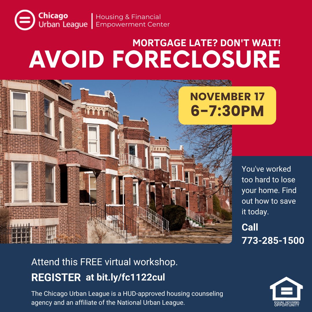 Join our Housing and Financial Empowerment Center for a Foreclosure Prevention Class on  November 17. Our classes help you maintain your home!

Register at bit.ly/fc1122cul

#Housing #FinancialEmpowerment #Chicago