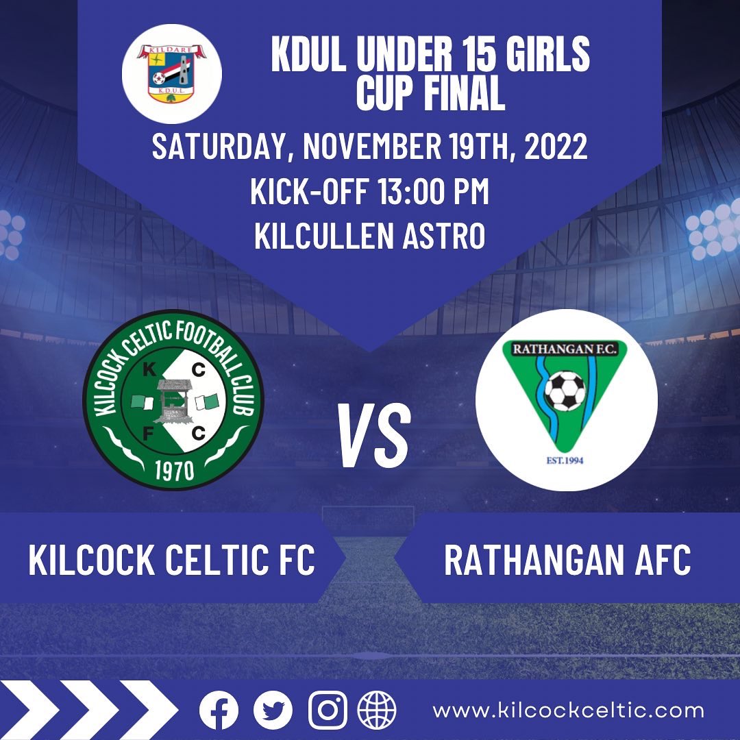 KilcockCeltic's tweet photo. This Saturday the Kilcock Celtic Under 13 & 15 girls are in cup finals against Sallins Celtic & Rathangan FC respectively.
Both matches will be held at the Kilcullen Astro Pitch with the Under 13 game kicking off at 11:30 AM whilst the Under 15 match will kick off at 13:00 PM. https://t.co/xJowRJNmYU