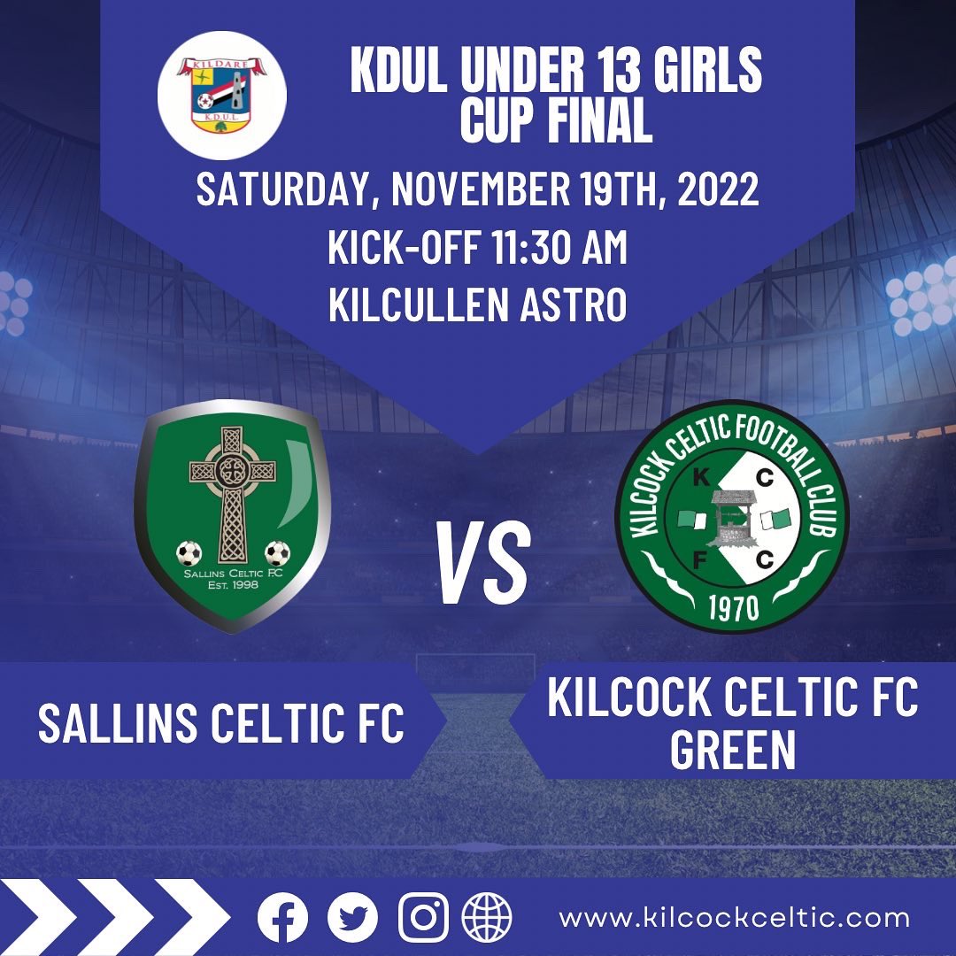 KilcockCeltic's tweet photo. This Saturday the Kilcock Celtic Under 13 & 15 girls are in cup finals against Sallins Celtic & Rathangan FC respectively.
Both matches will be held at the Kilcullen Astro Pitch with the Under 13 game kicking off at 11:30 AM whilst the Under 15 match will kick off at 13:00 PM. https://t.co/xJowRJNmYU
