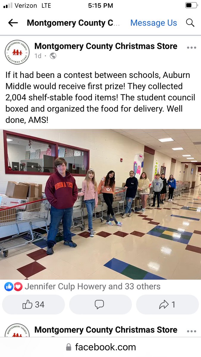 AMS wins the giving award.  Well done students and staff for donating over 2000 non perishable items to the Montgomery County Christmas Store!  That is more than 6 times our school population!  #lovingandgivingheartsinriner
