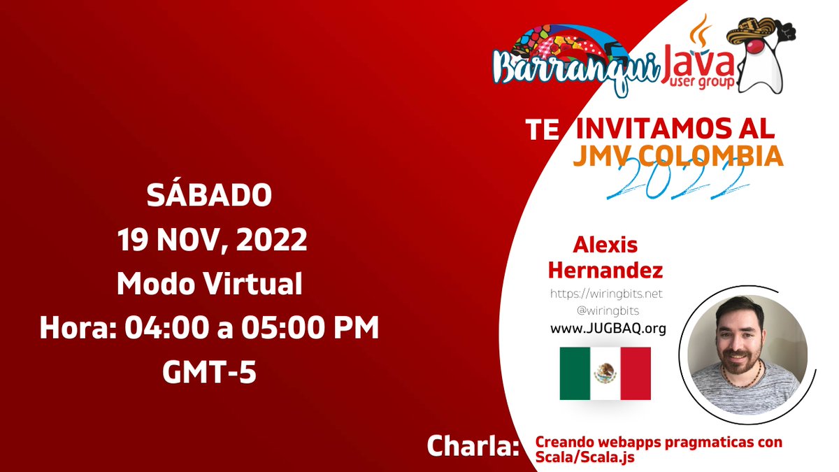 Bienvenido <a href="/wiringbits/">Wiringbits</a> al JVM COLOMBIA 2022. jugbaq.org con su tema acerca de "Creando webapps pragmaticas con Scala/Scala.js". #JVMColombia2022.