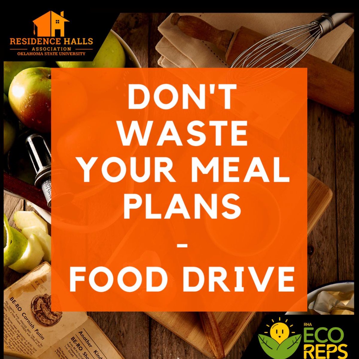 OkState_RHA's tweet photo. Join us for our Eco-Reps event, Don't
Waste Your Meal Plan! You'll learn ways to use your
meal plan without contributing to food waste and about
different meals you can make using ingredients at
Twenty Something. See you there!
#okstate #rha #okstaterha #okstate26 https://t.co/bIQ8VDuHuq