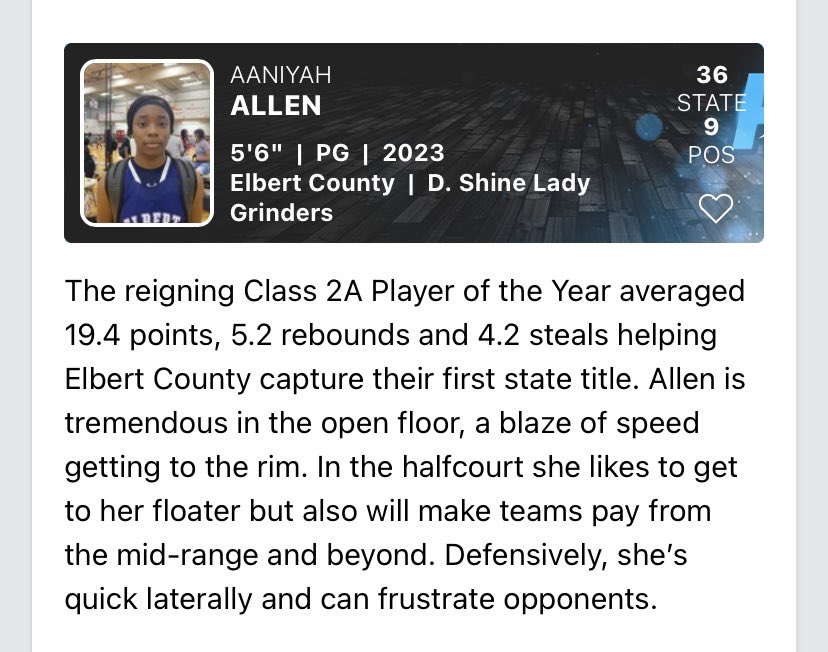 D. Shine Lady Grinders (@lady_grinders) on Twitter photo 23’PG Aaniyah Allen <a href="/AaniyahAllen/">Aaniyah Allen</a> from <a href="/ECCHSBBALL/">Elbert Co. Lady Devils Basketball</a> made the GHSA A All Senior Team. She will lead to Lady Devils as they look to go for a repeat state championship 23’PG Aaniyah Allen <a href="/AaniyahAllen/">Aaniyah Allen</a> from <a href="/ECCHSBBALL/">Elbert Co. Lady Devils Basketball</a> made the GHSA A All Senior Team. She will lead to Lady Devils as they look to go for a repeat state championship