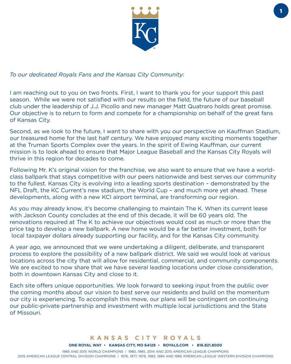 Royals's tweet image. An open letter from Royals Chairman and CEO John Sherman.