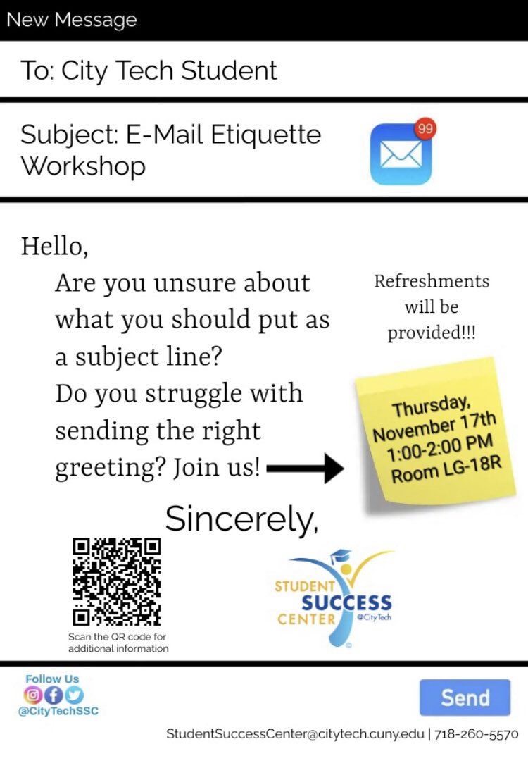 THIS THURSDAY! #CityTech Student Success Center is hosting a Professional E-Mail Writing Communications Workshop! Come through at 1 pm! @CityTechNews #CUNY #StudentLife #NYCCollegeOfTechnogy #Brooklyn #College #Education #Success #Communication