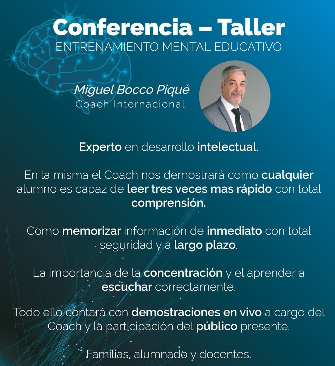 El AMPA del <a href="/CeipPuertoRico/">CEIP PUERTO RICO</a> organiza el jueves 24 de noviembre a las 17:15 h una charla-taller junto con el coach internacional Miguel Bocco Piqué, experto en desarrollo intelectual y creador del Método EME (entrenamiento mental educativo). miguelboccopique.com/metodo-eme/