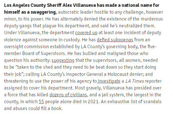 ‼️ Alex Villanueva is out! The Los Angeles County sheriff just conceded (while trailing by a huge margin of 60/40).

If you don't know who this is, or why this matters, just read the first paragraph of <a href="/PiperSFrench/">Piper French</a>'s piece:

boltsmag.org/unease-in-los-…