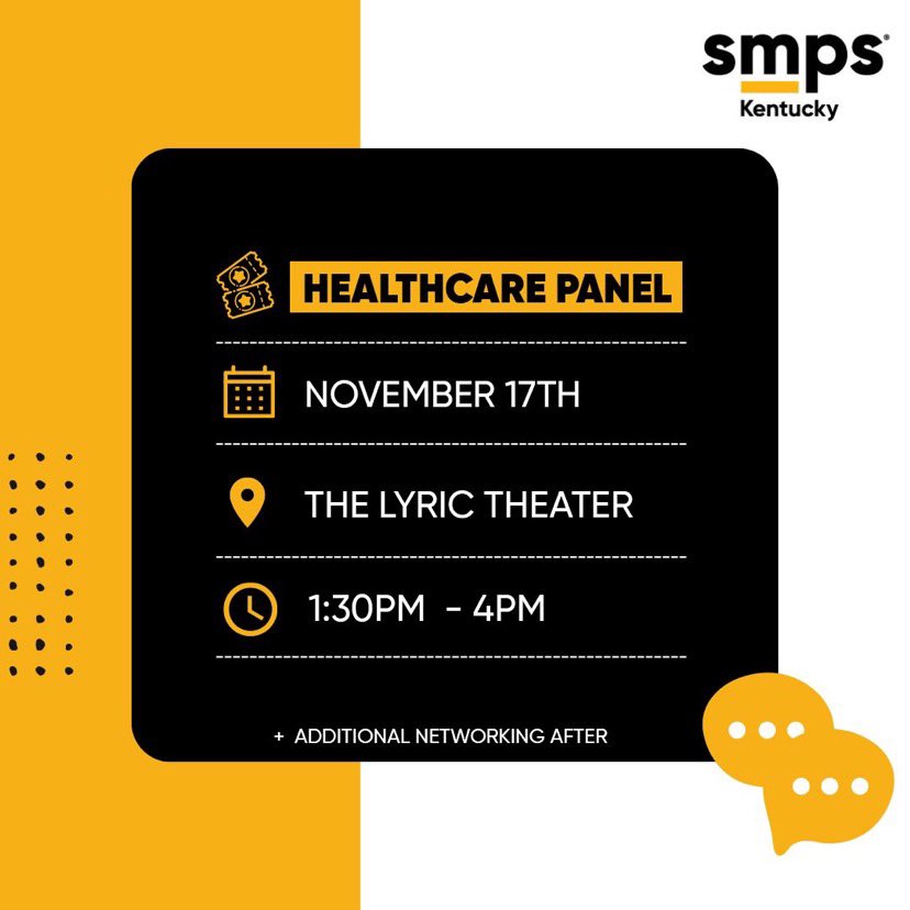 SMPSKentucky's tweet photo. Don’t forget to register for our Healthcare Panel event this Thursday, November 17th from 1:30PM-4:00PM. Also stick around for a surprise BONUS networking happening right after the event (location TBD)!! 
 
Sign up here: https://t.co/9QNaPNBZaO https://t.co/uUWdPRvsnn