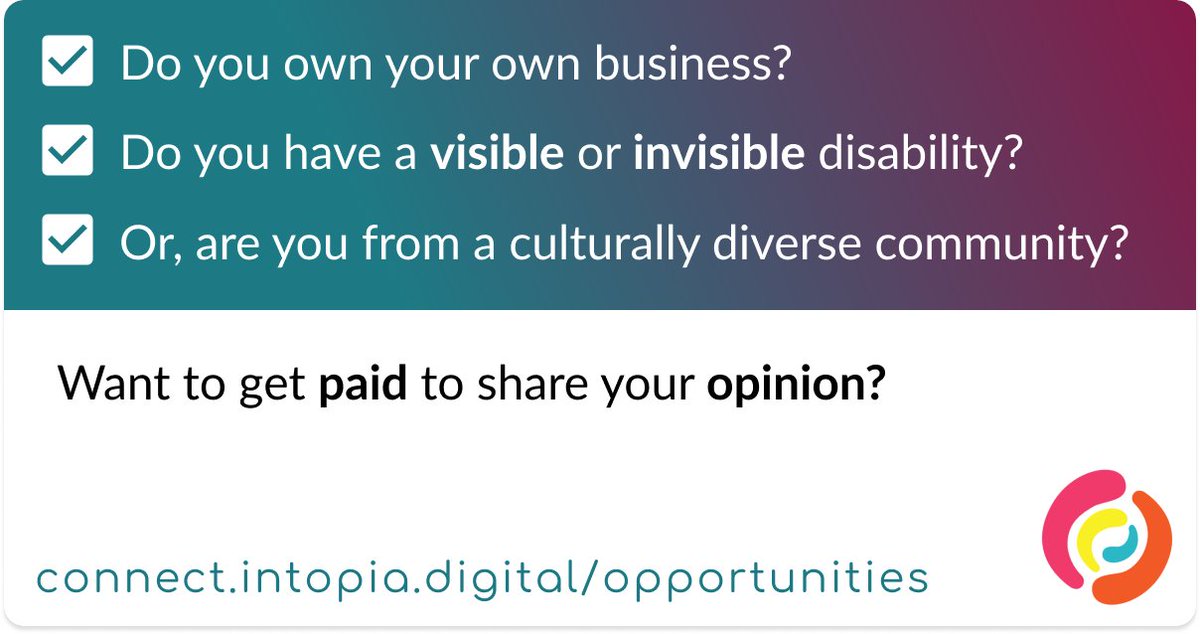 Paid user research opportunity. 

Do you live in NSW, own your own business, have a visible or invisible disability, or are from a culturally diverse community?

If you do and are interested in being part of user feedback sessions, visit connect.intopia.digital/opportunities/