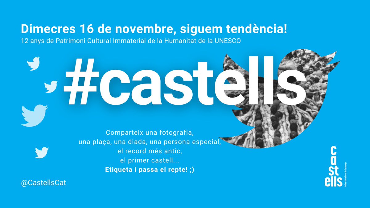 CastellsCat's tweet image. Arrenca el repte de fer que #castells sigui tendència #Twitter avui, 16N, coincidint amb l’aniversari de la Inclusió a la Llista Representativa del Patrimoni Cultural Immaterial de la Humanitat per la @UNESCO.🎂

En l'any de la represa, fem que es parli de #castells!