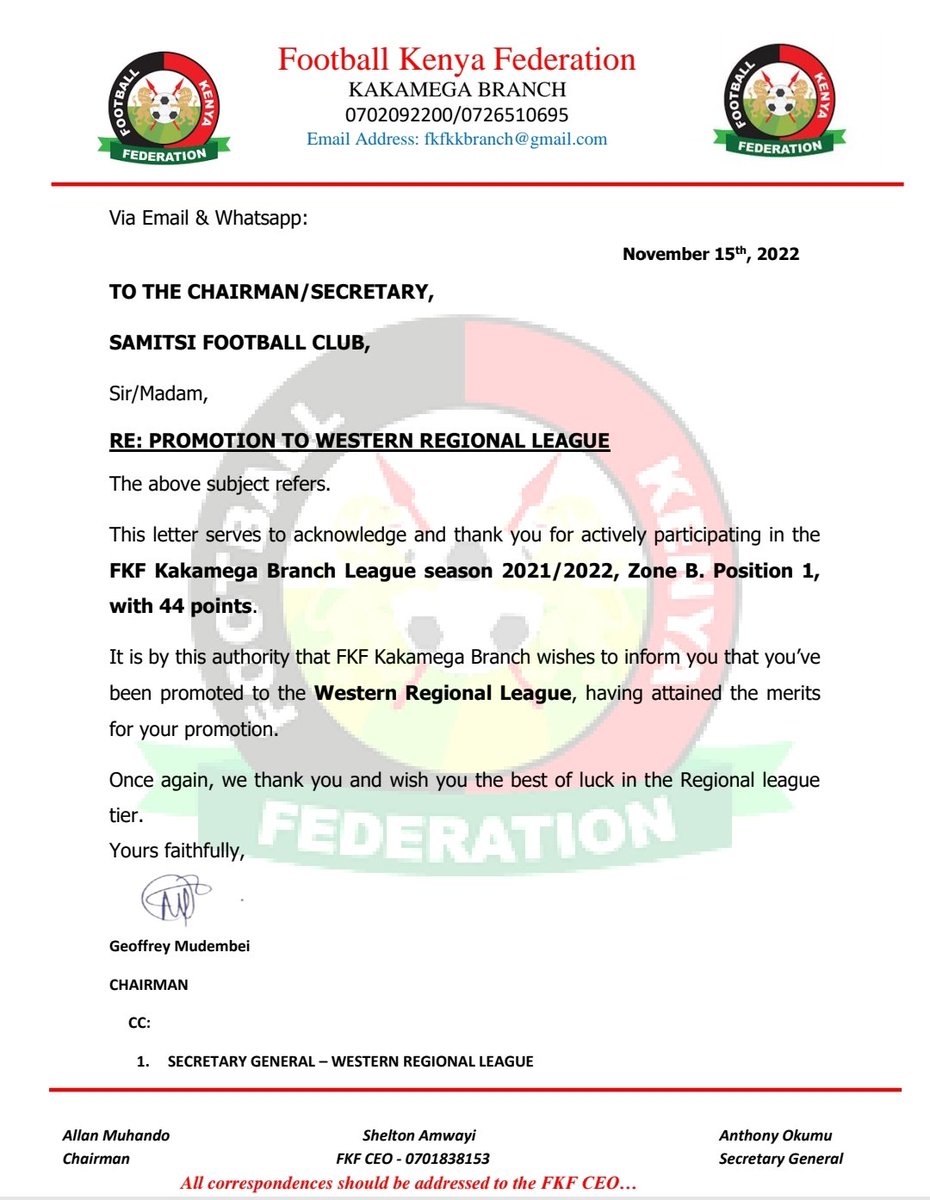 bramwelkaramoja's tweet photo. Congratulations Samitsi FC for the promotion to the Regional League. 

The Quails, in their debut season, finished top of FKF County League Zone B and will play Shitaho SC in a playoff match to determine the Western County League Overall winner

#TheQuails #Samitsifc https://t.co/tSUUraL2FX