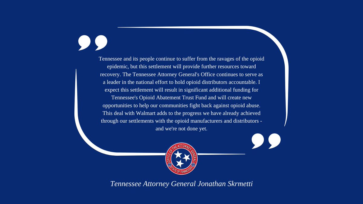 BREAKING NEWS: Tennessee and its local governments will receive over $70 million from Walmart after reaching a settlement over allegations the company played a role in fueling the opioid crisis. Funds will be used to help communities fight back. Read more: bit.ly/3EykLgB