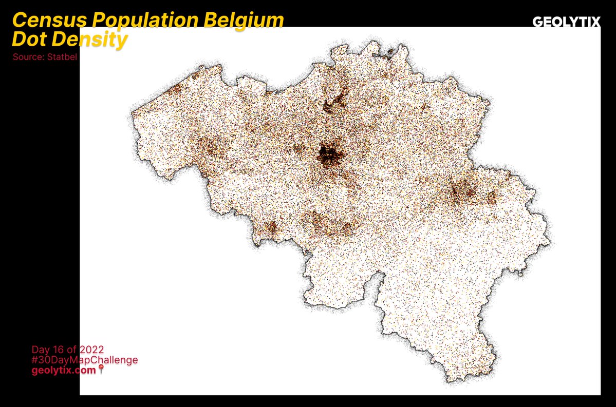 Geolytix's tweet photo. 🌎 #30daymapchallenge 🌎
Day 16: Minimal
Turning the census population at Commune into a random point distribution based on the value, then randomly coloured with Belgian flag colours
#map #data #belgium #census #dotdensity https://t.co/FLcwuwDSGx