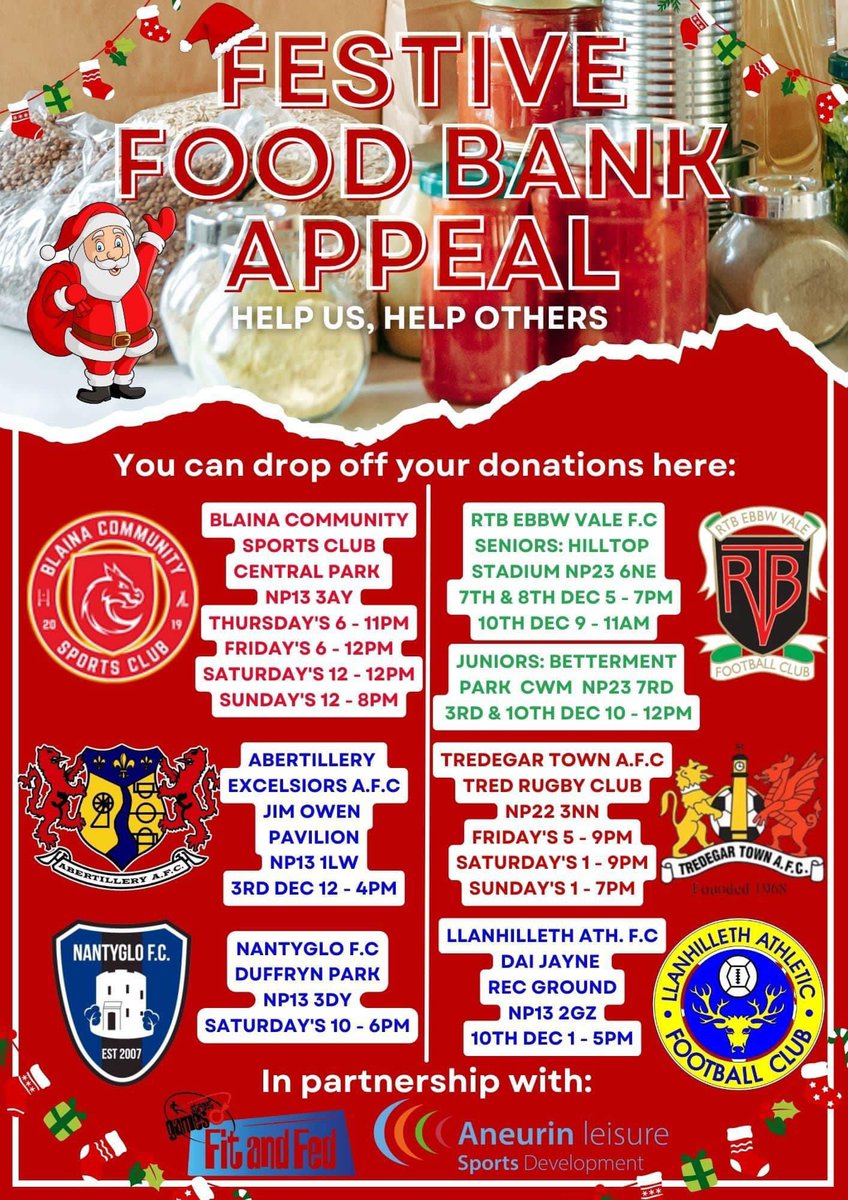 JustinDavies96's tweet photo. For our Festive Food Bank Appeal this year, we are teaming up with @Aneurinleisure and some fantastic local clubs. We all know that times are tough, maybe tougher than ever. So we'd be very grateful if this post was shared far and wide (1/2) https://t.co/8Y5gwJun65