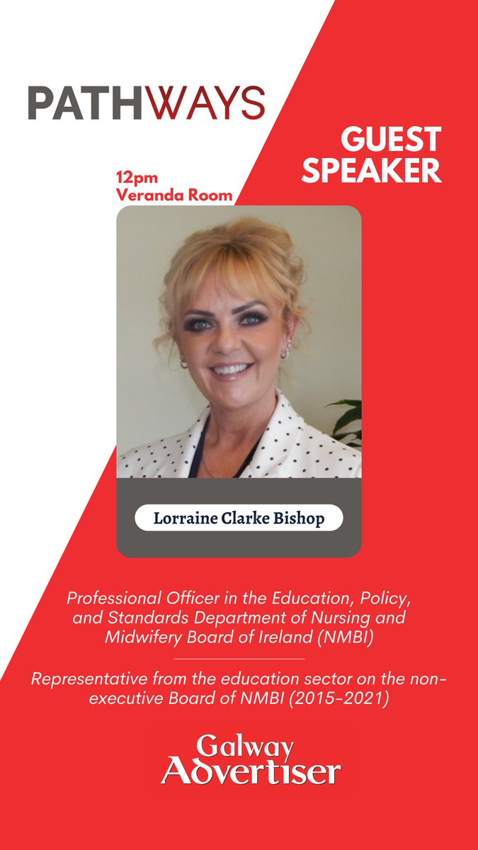 galwayad's tweet photo. Up next ; Careers in Nursing at #Pathways22 in the Veranda Room
Lorraine Clarke Bishop- Professional Officer in the Education, Policy, and Standards Department @NMBI_ie discuses opportunities available.
@MayoAdvert @athlonead https://t.co/k2YgtQpxWE