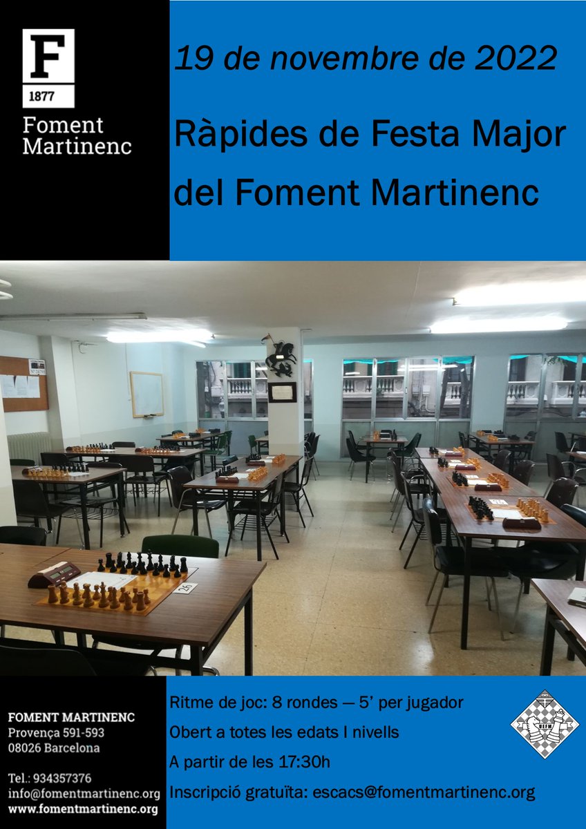 T'agraden els escacs? Vine a celebrar la Festa Major del #Clot #CampdelArpa amb nosaltres! Torneig d'escacs llampec obert a jugadors de totes les edats i nivells. No cal llicència federativa, només tenir ganes de passar una bona tarda ♟️ Us esperem dissabte al <a href="/FomentMartinenc/">Foment Martinenc</a>