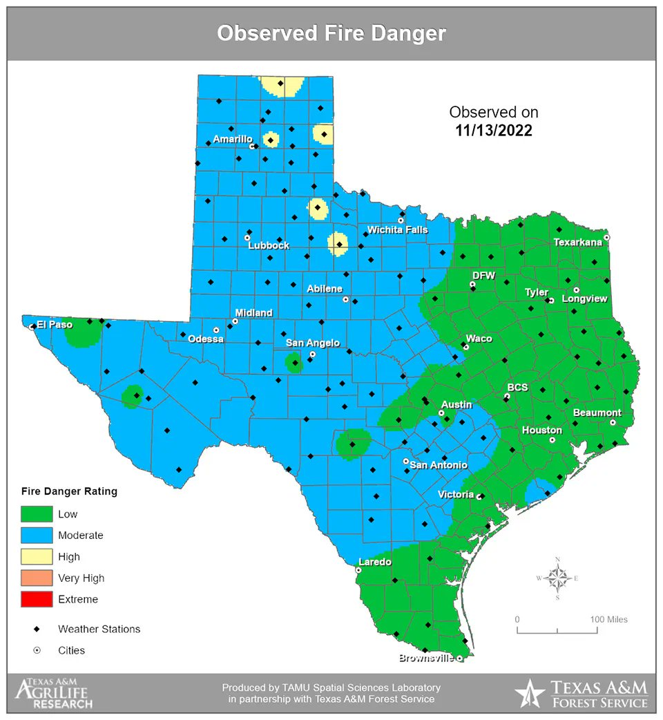 Image of the map of Texas showing observed fire danger throughout the state.