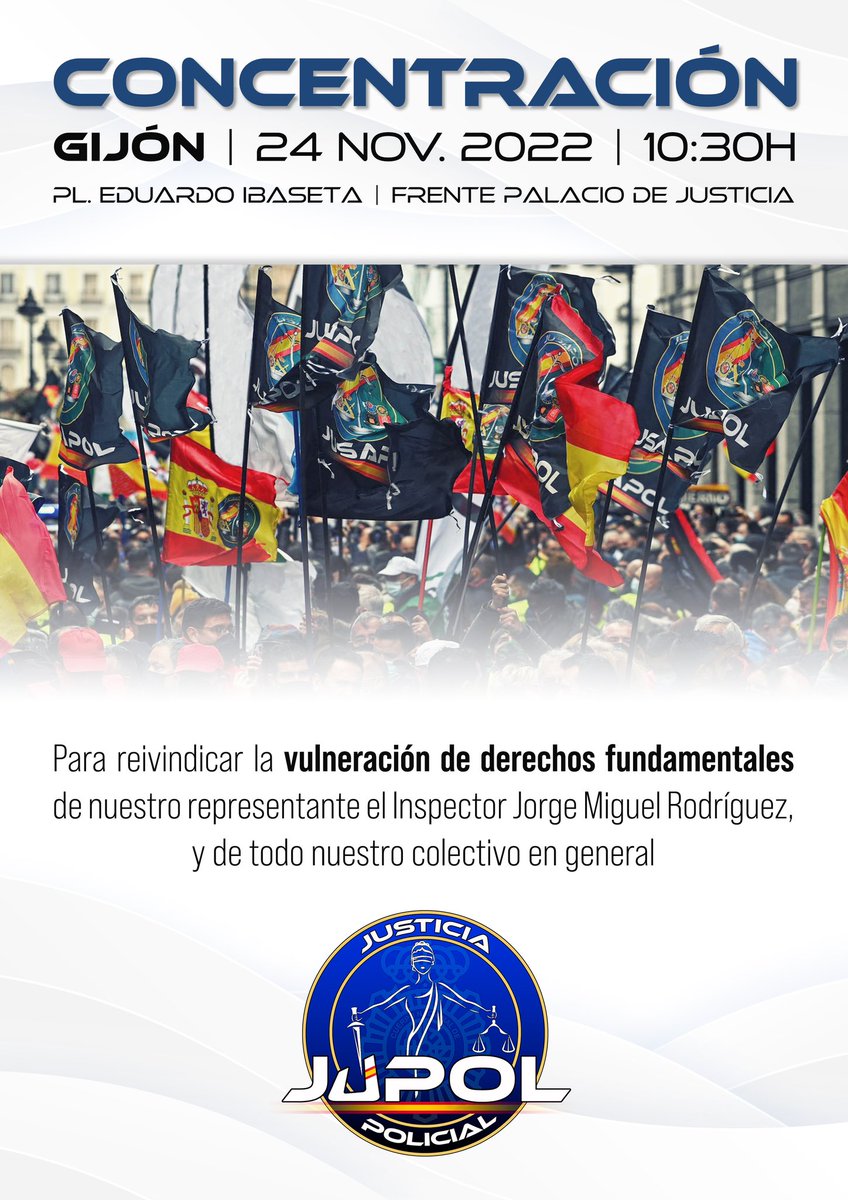 Jupol_Asturias's tweet photo. Recuerda. Concentración el próximo día 24N a las 10:30 h frente a los juzgados de Gijón en contra de los abusos y vulneración de derechos del compañero @Yors83   ¡No falles! #EquiparacionYa 
@europapress @elcomerciodigit @lanuevaespana @lavozdeasturias @TPAnoticias @EFEnoticias https://t.co/Kr6Up8R9CO