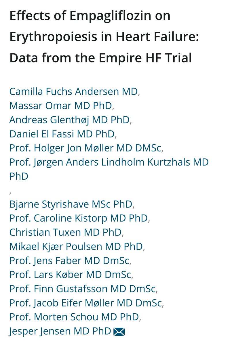 Copenhagen Cardiovascular Research Center (@copcard) on Twitter photo Empagliflozin increases erythropoiesis 🩸 and augments early iron utilization in pts w HFrEF ❤️
These mechanisms may contribute to the cardioprotective properties of empagliflozin 💊
Paper by <a href="/FuchsAndersen/">Camilla Fuchs Andersen</a> et al in <a href="/ESC_Journals/">European Society of Cardiology Journals</a> #heartfailure
Article
onlinelibrary.wiley.com/doi/10.1002/ej… Empagliflozin increases erythropoiesis 🩸 and augments early iron utilization in pts w HFrEF ❤️
These mechanisms may contribute to the cardioprotective properties of empagliflozin 💊
Paper by <a href="/FuchsAndersen/">Camilla Fuchs Andersen</a> et al in <a href="/ESC_Journals/">European Society of Cardiology Journals</a> #heartfailure
Article
onlinelibrary.wiley.com/doi/10.1002/ej…