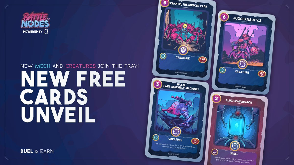 🤖New cards join the fray!

Here is a preview of the new 4 cards to be added to the free card collection. 12/24 COMPLETE!

Which one are you going to put in your decks? 👀⚔️