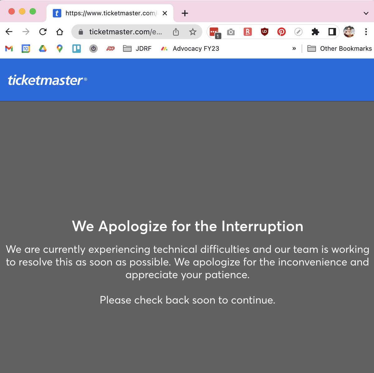 AlineLea's tweet photo. @x_spookshowbaby @TMFanSupport I got this same error page as soon as I was getting out of the queue to go purchase tix ☹️😭 https://t.co/zMSvRvXons