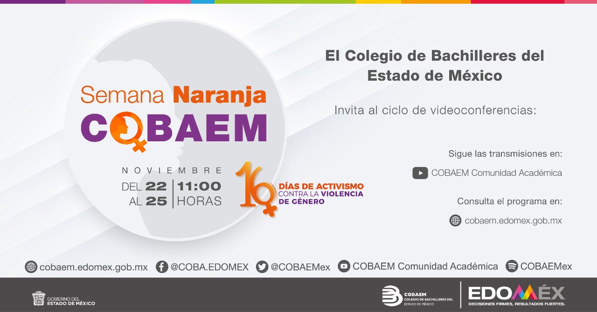 PlantelZ's tweet photo. Te invitamos al ciclo de conferencias de la #SemanaNaranjaCOBAEM que se llevará a cabo del 22 al 25 de noviembre, a las 11:00 horas. con el motivo del Día Internacional de la Eliminación de la Violencia contra la Mujer,
Únete a las transmisiones en YouTube 
Comunidad Académica https://t.co/1HoKO7Bdil