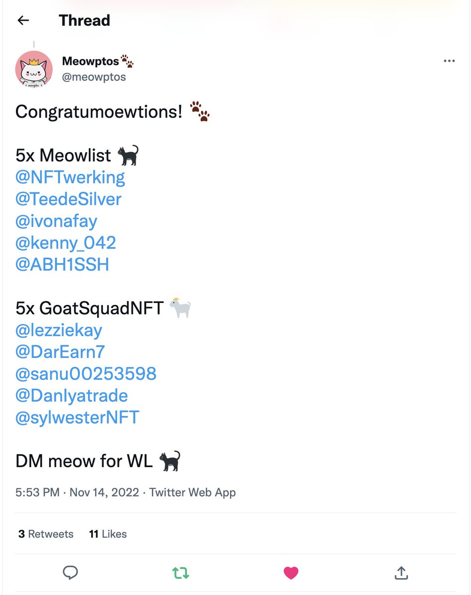 NFTwerking's tweet photo. I WON WL @meowptos ‼️🐾
#LFG #WLGiveaway https://t.co/q3FulqtH4z