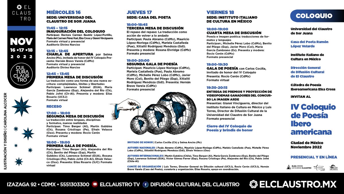 U_ElClaustro's tweet photo. Te invitamos al IV Coloquio de Poesía Iberoamericana este 16, 17 y 18 de Noviembre. https://t.co/tNZJVnBrTu