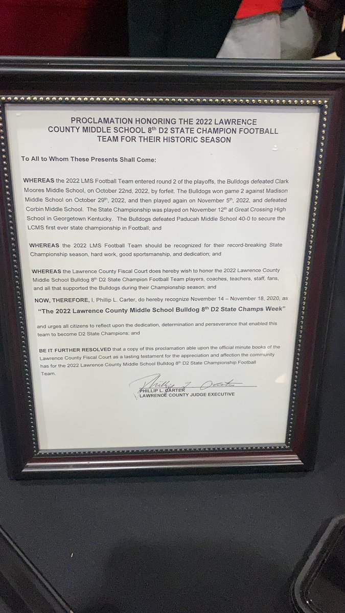 LMS_Bulldogs's tweet photo. County Judge Phil Carter presenting our boys with a Proclamation that November 14-18th be recognized as “ LCMS football state champs week”❤️🏆🖤🐾 https://t.co/fPLaN6GgpE