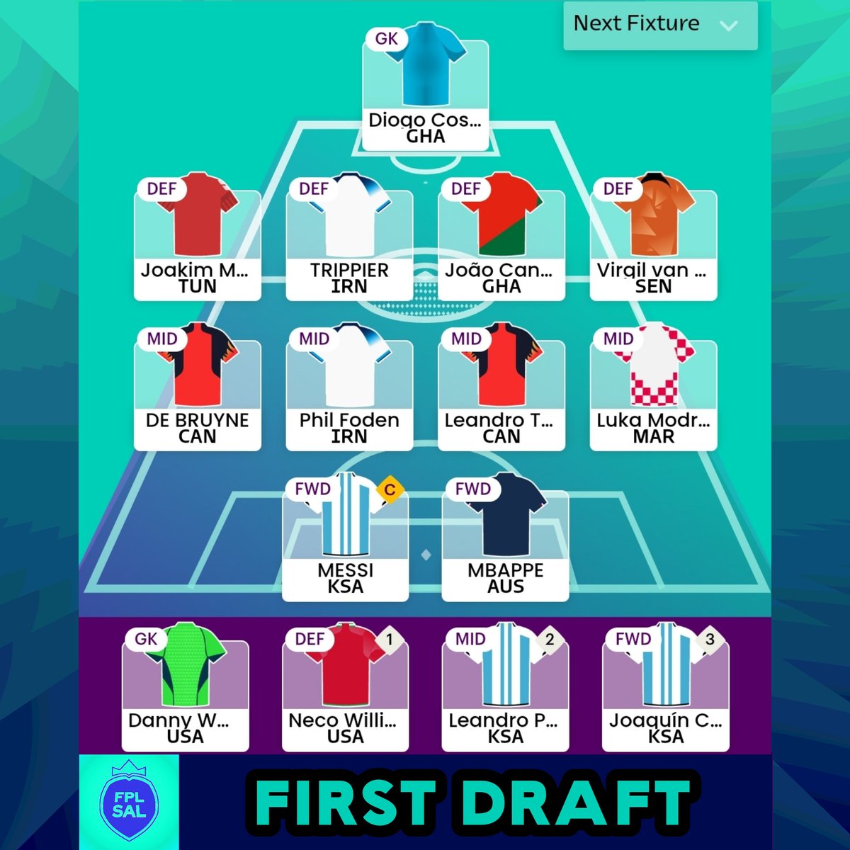 ynwasalfc's tweet photo. Draft 1. Thoughts?
I quite like the balance of this one despite how quickly I came up with this one.
Lmk what you think👇🤔😕.
#fpl #fplcommunity #worldcup2022 #worldcupfantasy #messi #fpldrafts https://t.co/DA5yNCeweM