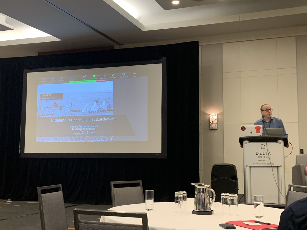JenniferVEvans's tweet photo. Rob Innes speaks to #LessonsandLegacies about the forced starvation of Indigenous people in Saskatchewan in the 1880s as an example of Canada’s history of genocide as part of the final plenary. https://t.co/2UTuXrzI4g