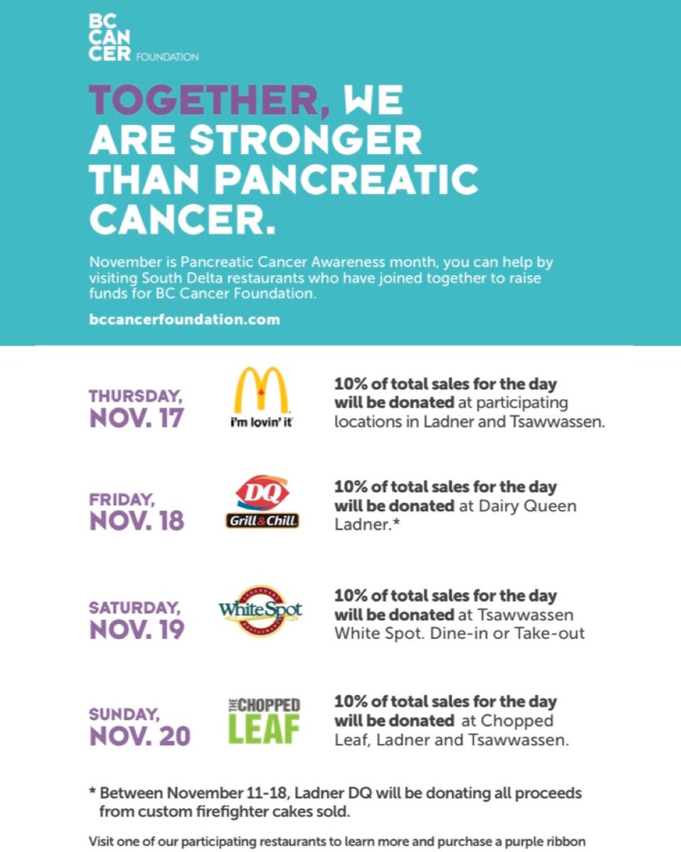 DFF1763's tweet photo. Dine at these South Delta restaurants this week to support pancreatic cancer research!
This is the fourth annual event in memory of Ladner resident and Delta Firefighter Thomas Haydon.
#pancreaticcancer #bccancerfoundation https://t.co/BB5EbpBNsQ