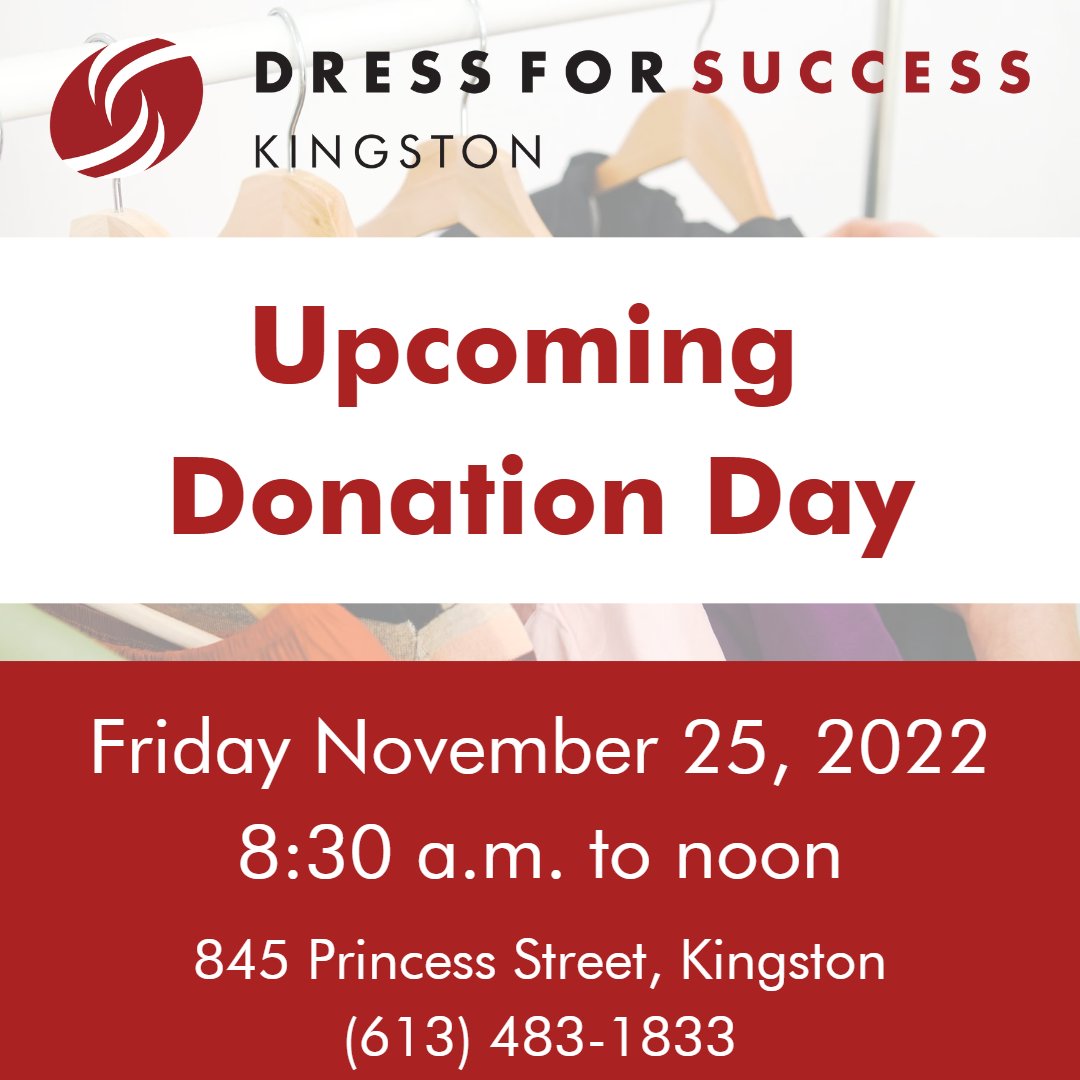 DFSKingston's tweet photo. Our next open donation drop-off day is Friday, November 25th, from 8:30am to noon. 
We are accepting all items, including heavy winter coats, winter boots, hats, mittens and sweaters. 
Phone: 613-483-1833
Email: kingston@dressforsuccess.org

#LocalLove #SustainableFashion #YGK https://t.co/MDmOaKttE9