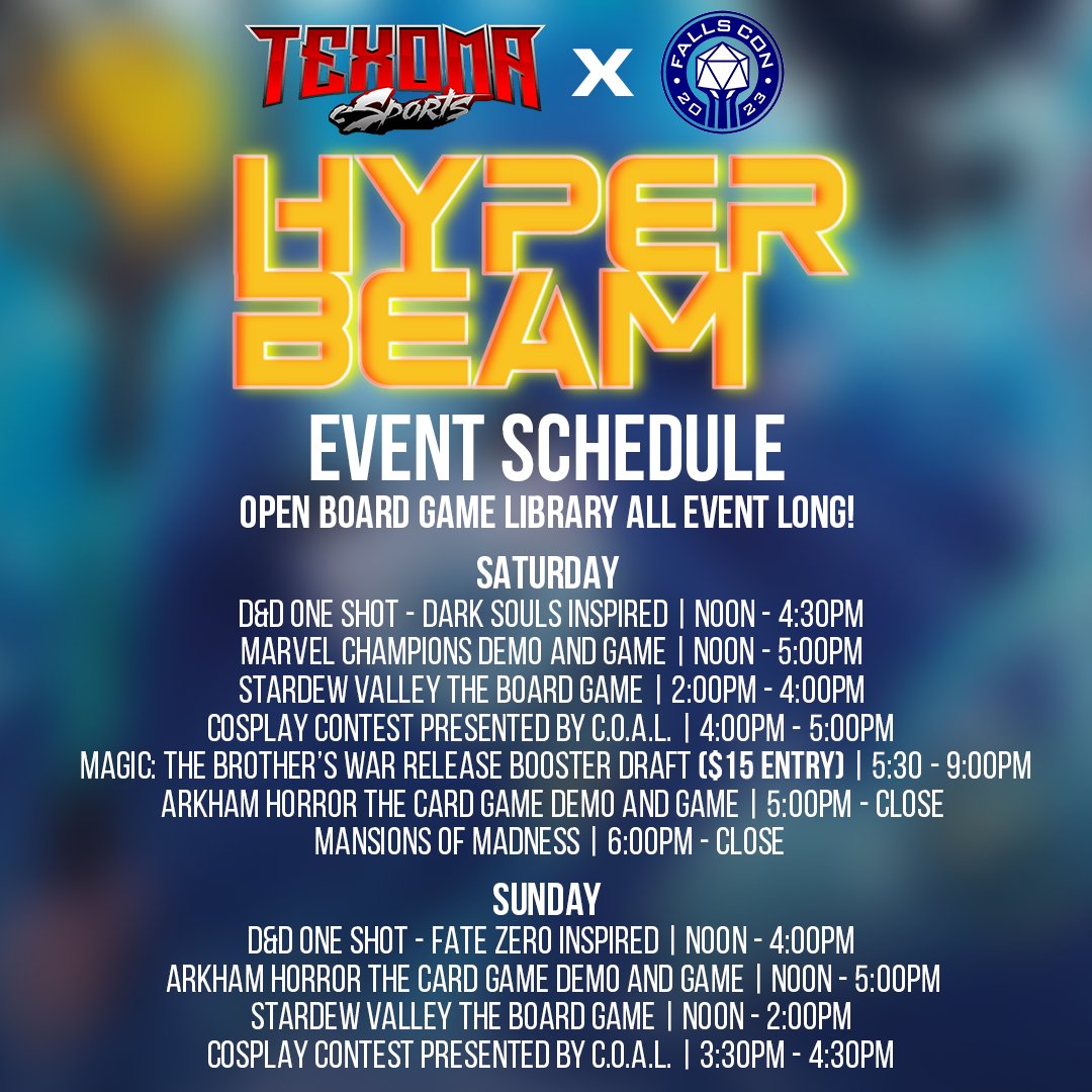 FallsCon's tweet photo. We are SUPER EXCITED for the next event from @Texoma_eSports - Hyperbeam! FallsCon is going to be running some tabletop games and events! Come out to Midwestern State University, November 19-20 and play some games with us!
#gamingconvention #tabletopgames #pokemon #fallscon https://t.co/XfTMxHSiH6