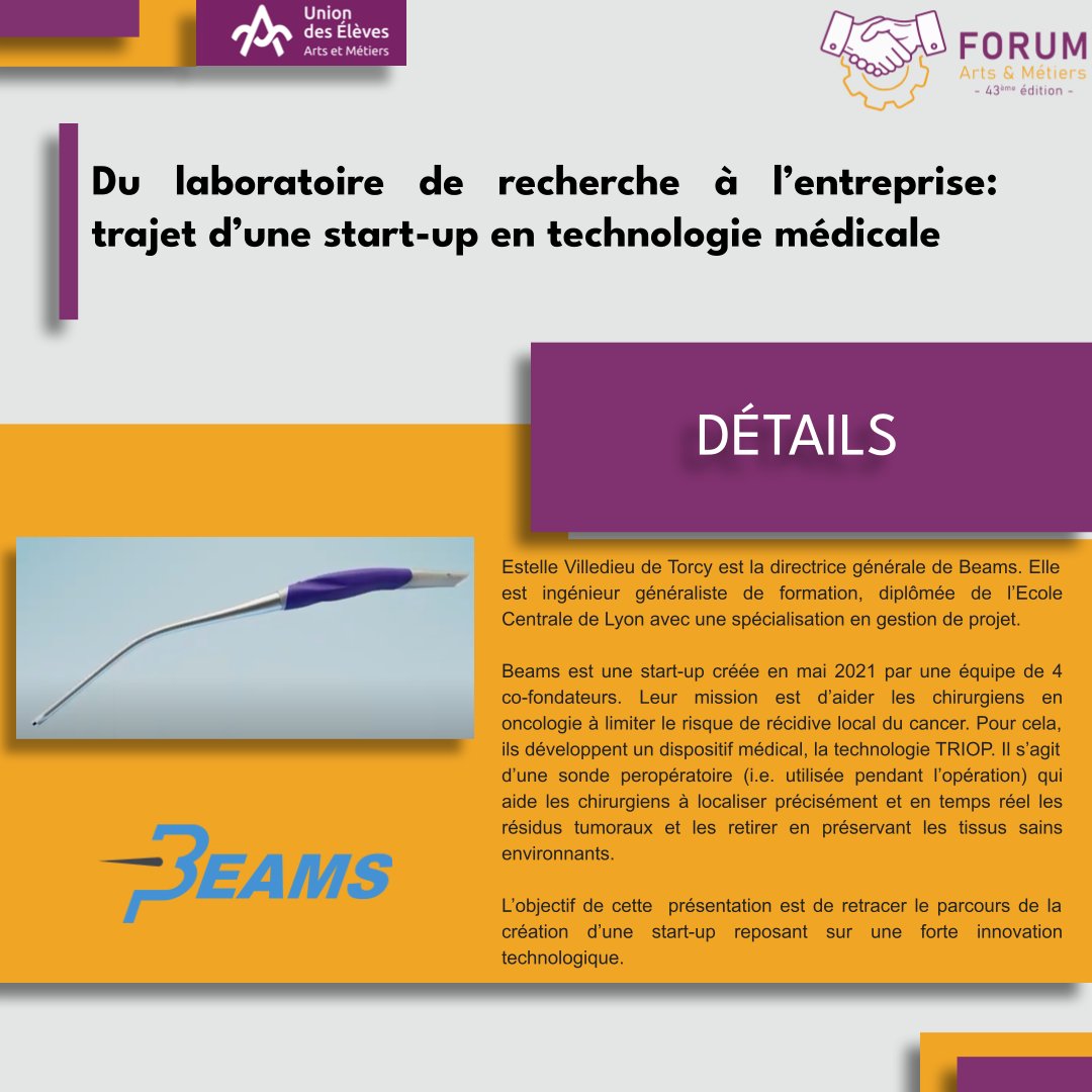[CONFÉRENCE BEAMS- FORUM AM 📢]

Nous avons le plaisir d'accueillir le 22 novembre, Estelle Villedieu de Torcy, directrice générale de Beams, une startup spécialisée dans la fabrication d’équipements médicaux.