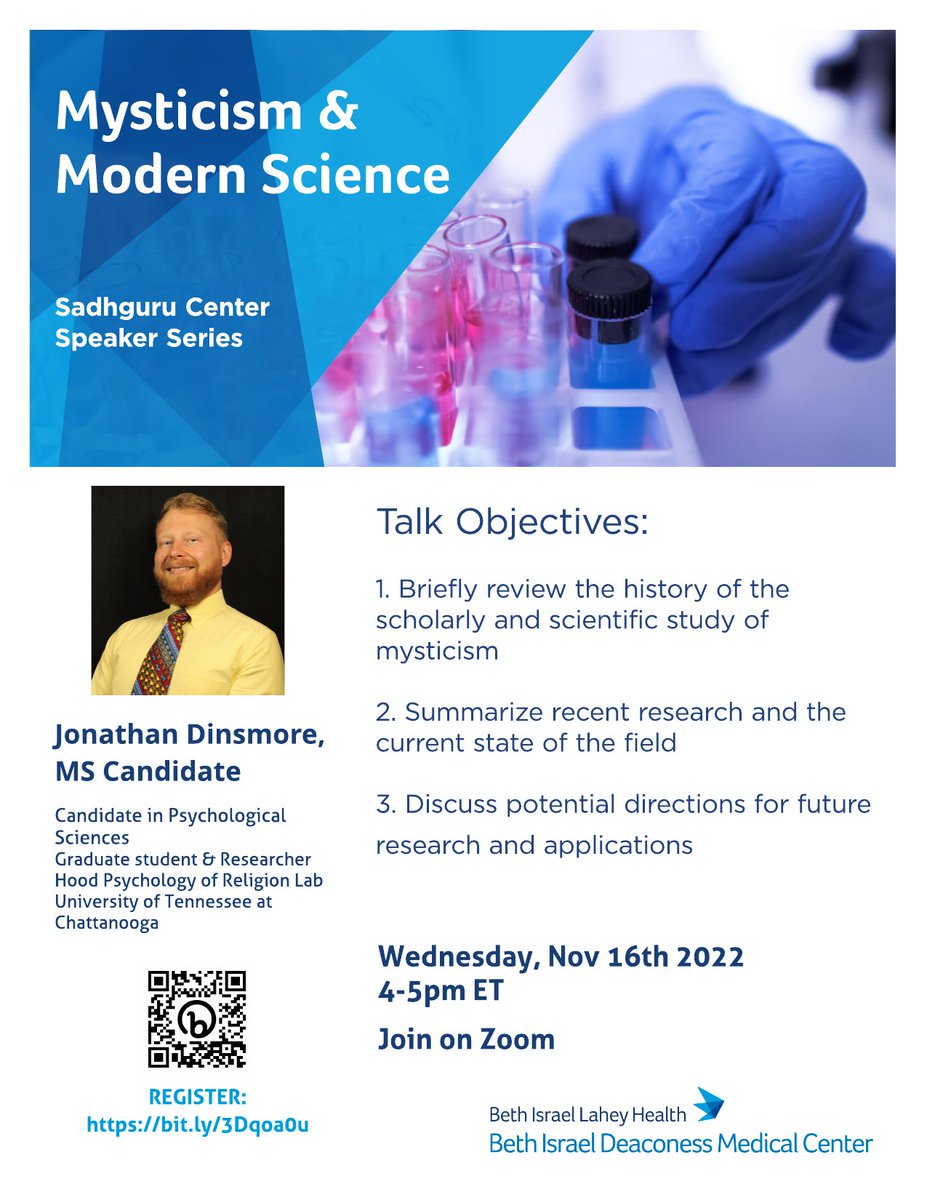 Don’t miss #SpeakerSeries TOMORROW w/ Jonathan Dinsmore, MS Candidate, on “Mysticism &amp; Modern Science.” His research is in areas of mystical &amp; near-death experiences through mixed methods approach. 

Wed Nov 16, 4pm ET

Event will be on Zoom

REGISTER: bit.ly/3Dqoa0u