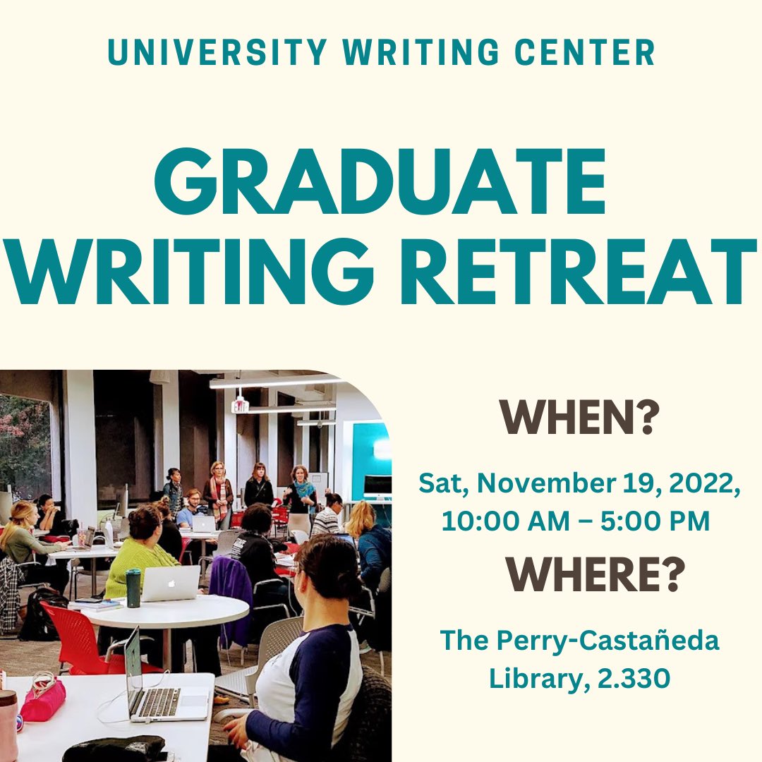 Hey UT Graduate writers! Do you need help getting some work done before fall break? Join us for our Graduate Writing Retreat this Saturday. Additional info and RSVP available at: eventbrite.com/e/uwc-graduate…