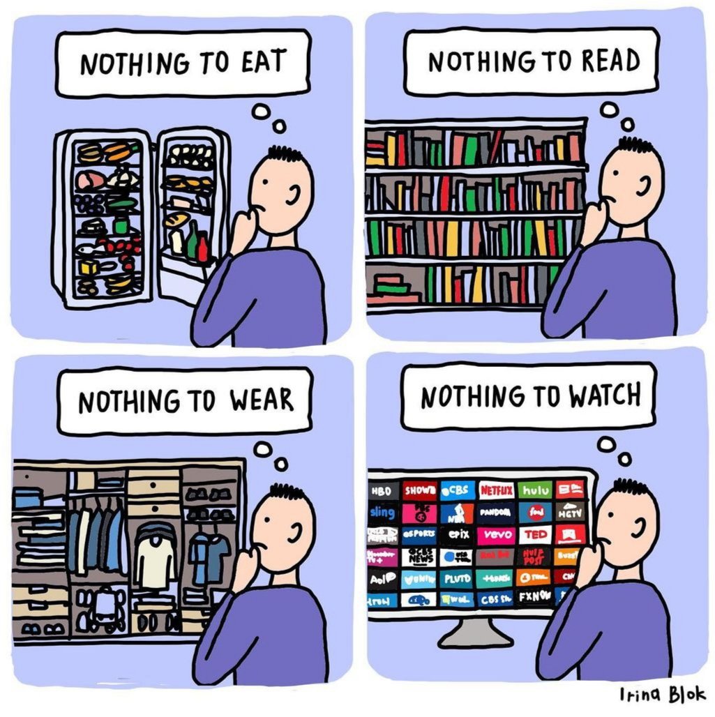 BiedmaSophia's tweet photo. #IrinaBlok IG:#creativeblok "Paradox of choice" #cartoon #comics #art #ArteYArt #illustration #choices #toomanychoices #toomanyoptions #cantchoose #pshycholoyhumor https://t.co/TAW7vDYSwI