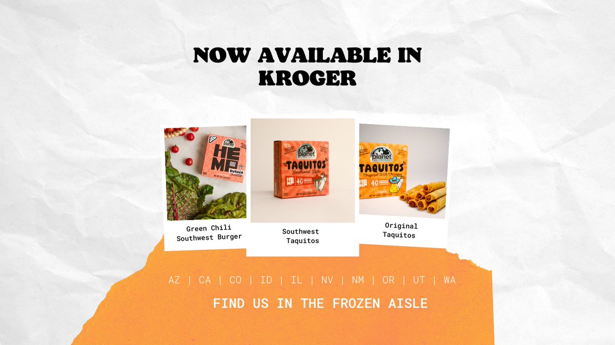 PlanetBFoods's tweet photo. BIG NEWS: We're in @kroger ! Find our NEW #vegan taquitos and Green Chili Southwest #Hemp Burger
 in the frozen aisle in 700 locations across 10 Western states https://t.co/6ADQQnOu76 https://t.co/5IXeelqtoW